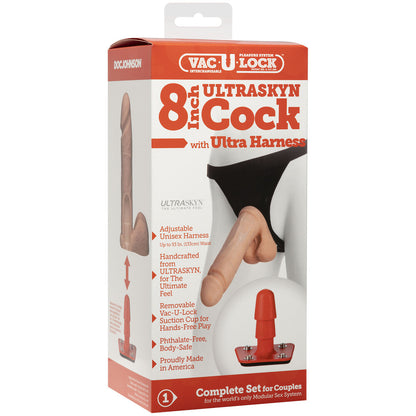 VacULock Ultraskyn 8 Inch Realistic Cock With Ultra Harness - Peaches & Cream