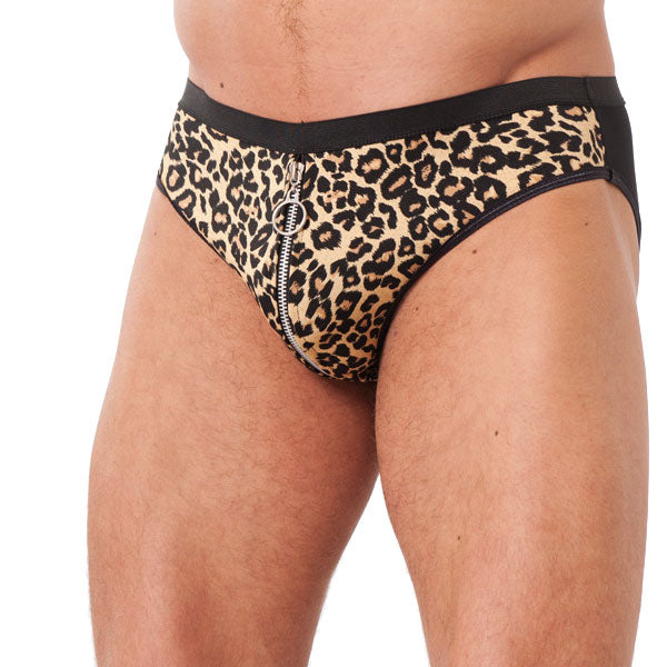 Mens Animal Print Briefs With Zipper - Peaches & Cream