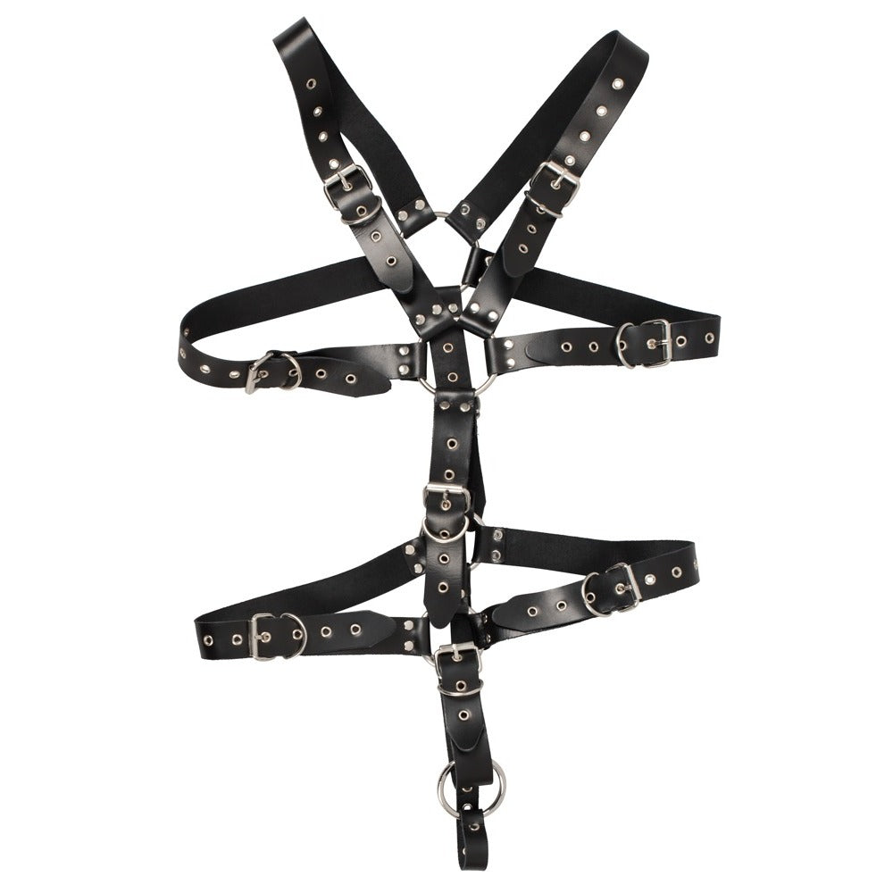 Mens Leather Adjustable Harness With Cock Ring - Peaches & Cream