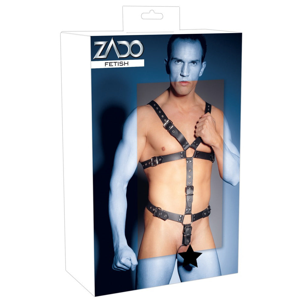 Mens Leather Adjustable Harness With Cock Ring - Peaches & Cream