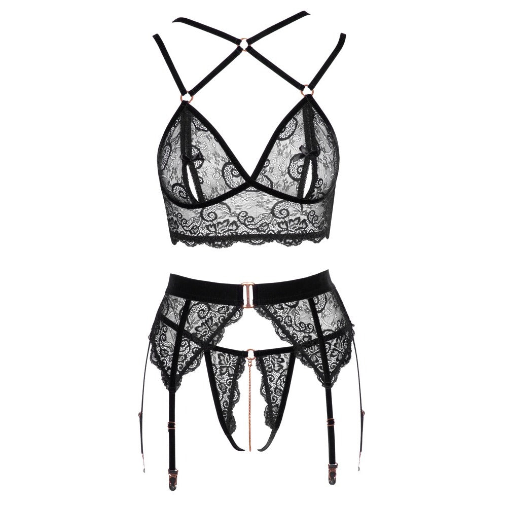 Abierta Fina Lacey Open Suspender Set - Peaches & Cream