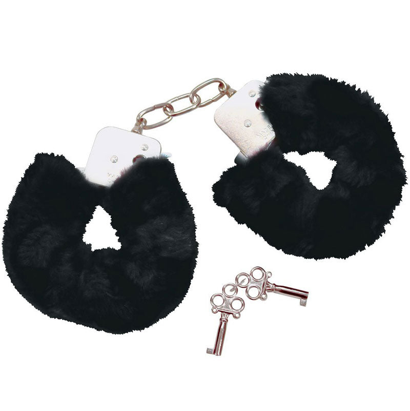 Bad Kitty Black Plush Handcuffs - Peaches & Cream