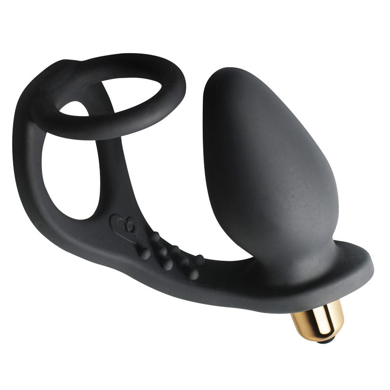 Rocks Off 7 Speed ROZen Cockring And Anal Plug Black - Peaches & Cream