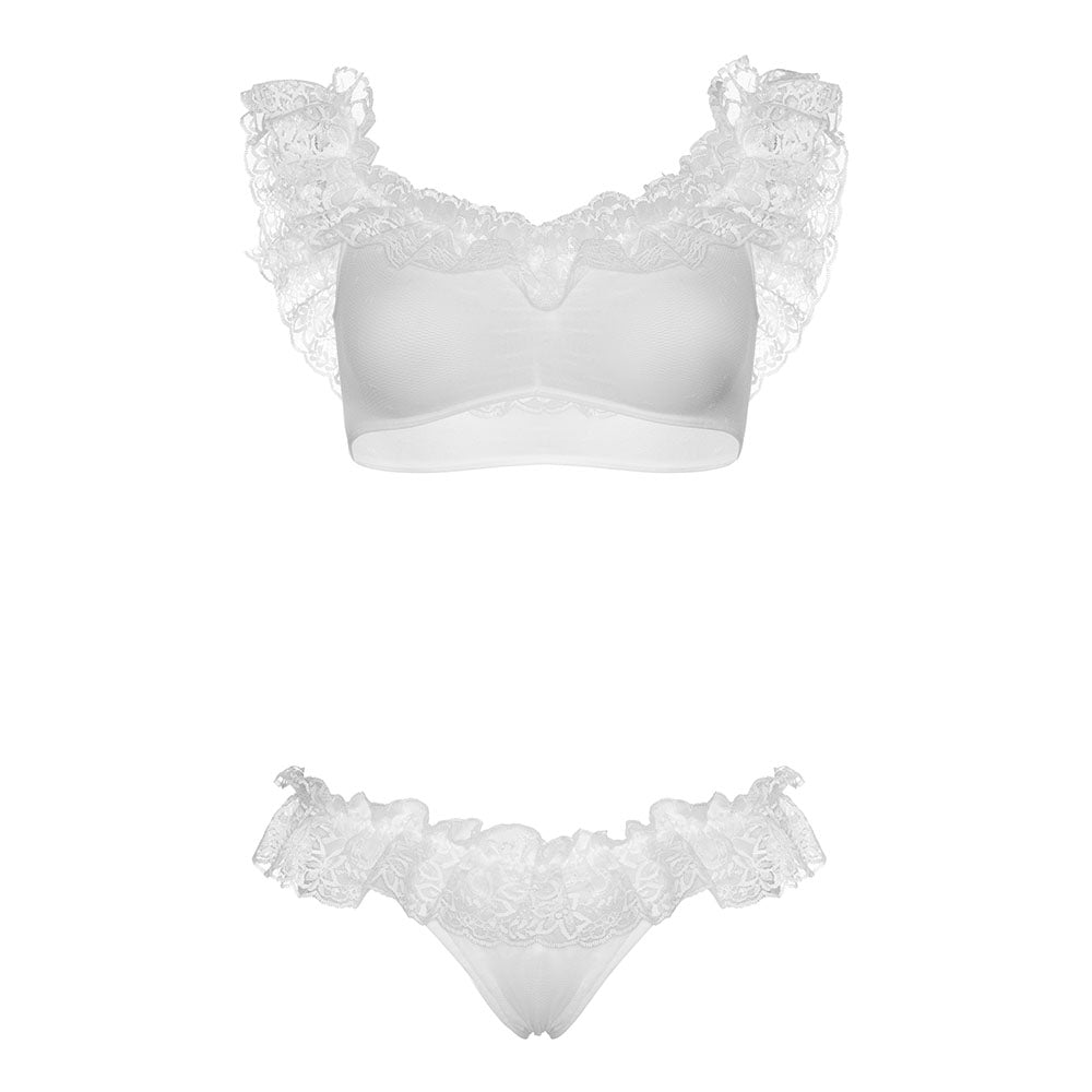 Leg Avenue Lace Ruffle Crop Top and Panty UK 8 to 14 - Peaches & Cream