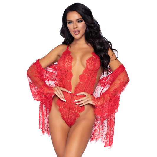 Leg Avenue Floral Lace Teddy and Robe Red - Peaches & Cream