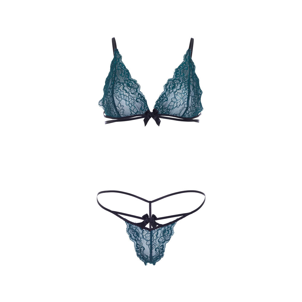 Leg Avenue Teal Lace Bralette And Matching String Panty - Peaches & Cream