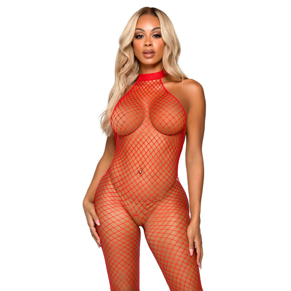 Leg Avenue Racer Neck Bodystocking Red UK 6 to 12 - Peaches & Cream