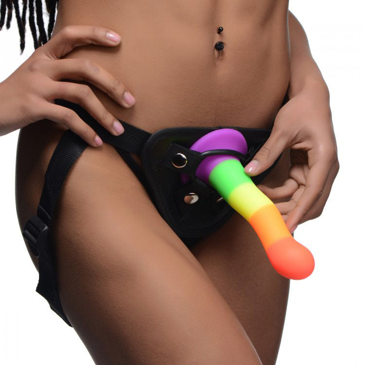 Proud Rainbow Silicone Dildo with Harness - Peaches & Cream