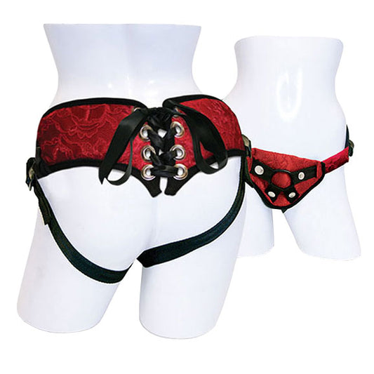 SportSheets Red Lace With Satin Corsette Strap On - Peaches & Cream