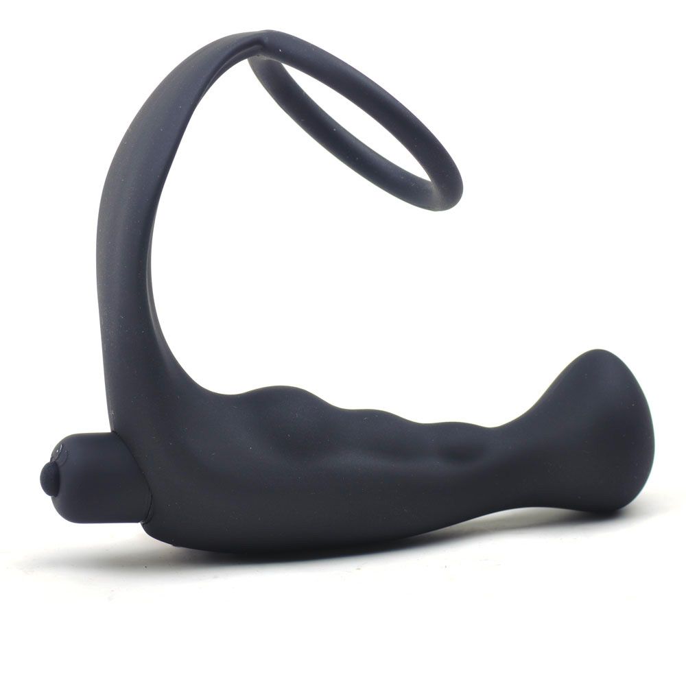 Black Silicone Anal Plug Vibrator with Cock Ring - Peaches & Cream