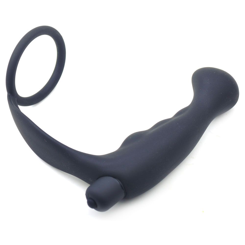 Black Silicone Anal Plug Vibrator with Cock Ring - Peaches & Cream