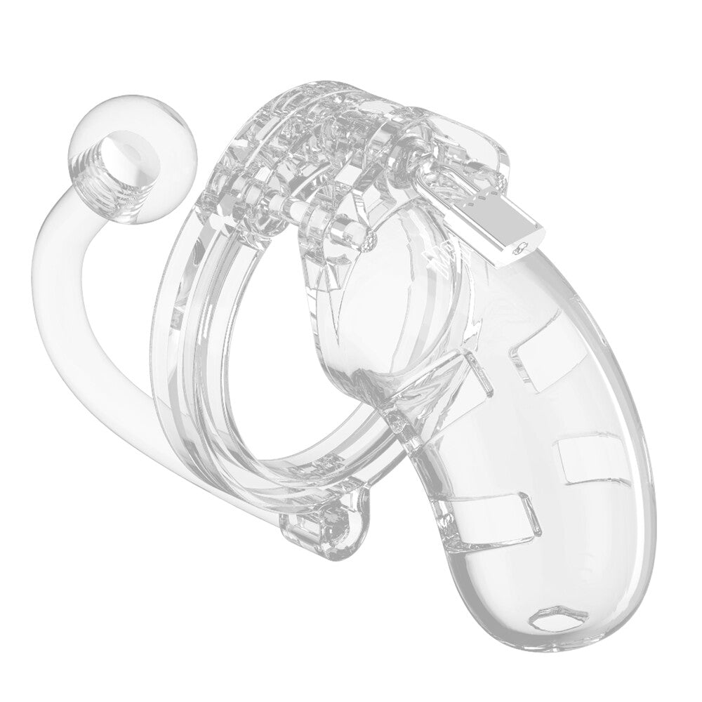 Man Cage 10 Male 3.5 Inch Clear Chastity Cage With Anal Plug - Peaches & Cream