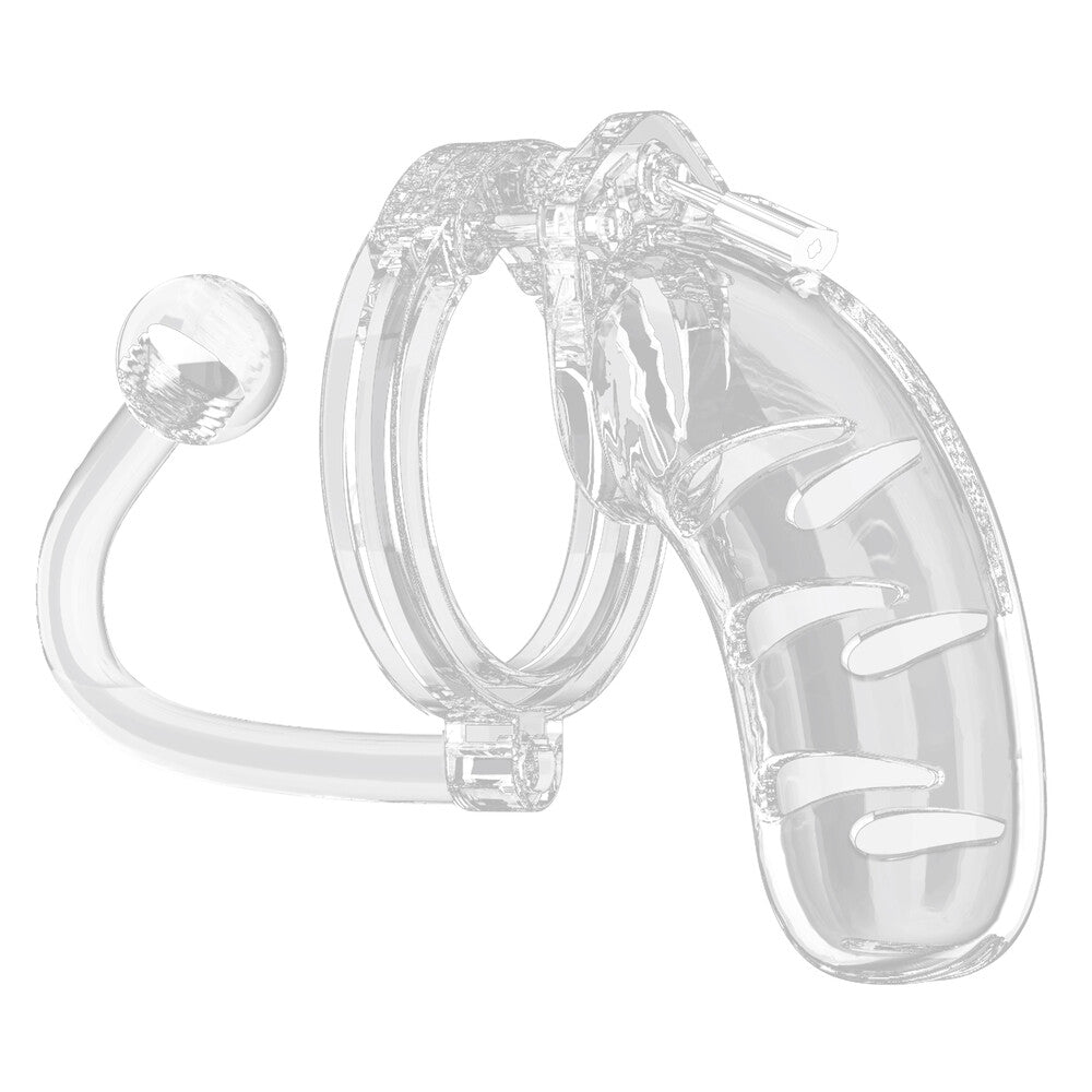 Man Cage 11 Male 4.5 Inch Clear Chastity Cage With Anal Plug - Peaches & Cream