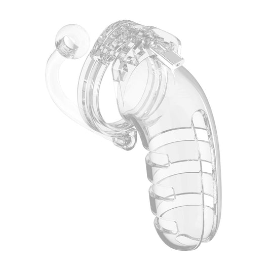 Man Cage 12 Male 5.5 Inch Clear Chastity Cage With Anal Plug - Peaches & Cream