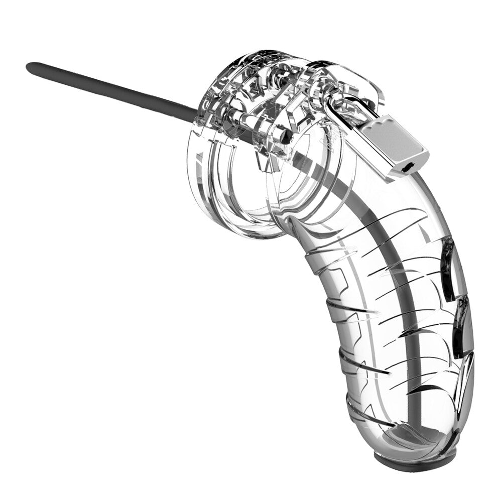 Man Cage 16 Male 4.5 Inch Clear Chastity Cage With Urethal Sound - Peaches & Cream