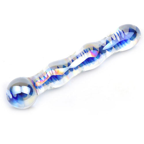 Blue Wavy Glass Dildo - Peaches & Cream