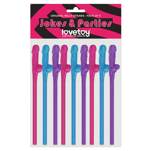 Lovetoy Pack Of 9 Willy Straws Blue Pink And Purple - Peaches & Cream