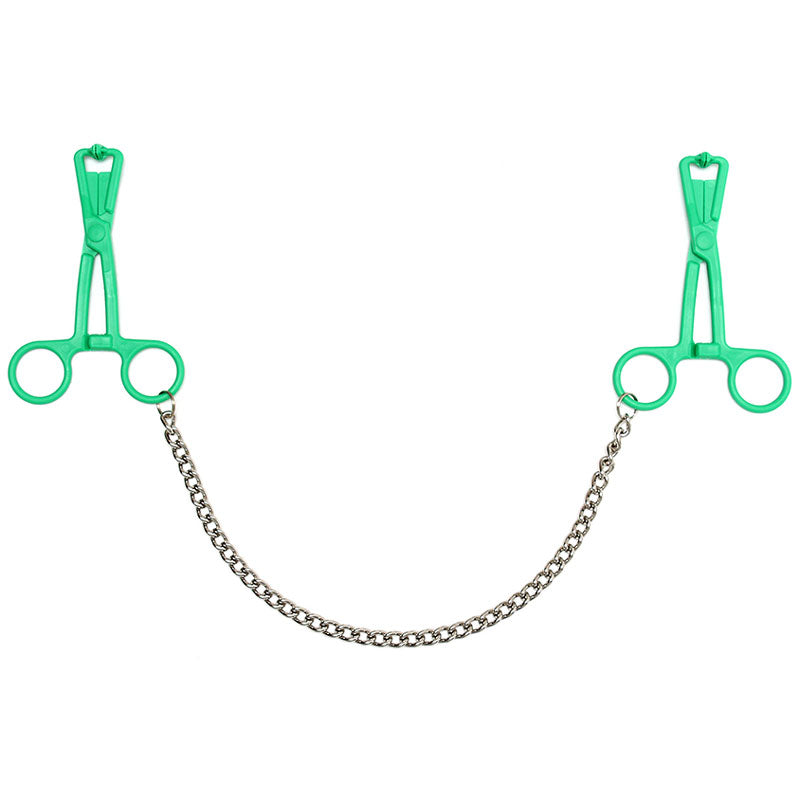 Green Scissor Nipple Clamps With Metal Chain - Peaches & Cream