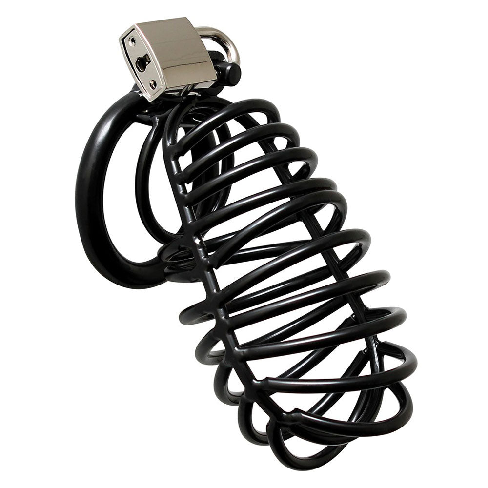 Black Metal Male Chastity Device With Padlock - Peaches & Cream