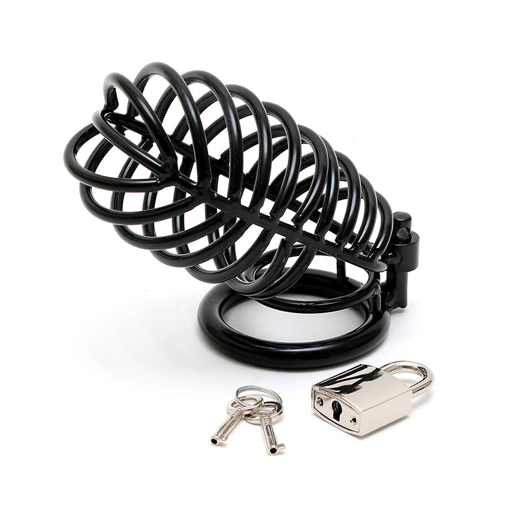 Black Metal Male Chastity Device With Padlock - Peaches & Cream