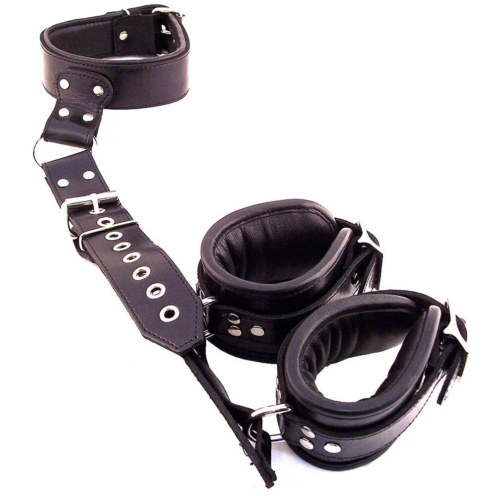 Rouge Garments Black Leather Neck to Wrist Restraints - Peaches & Cream