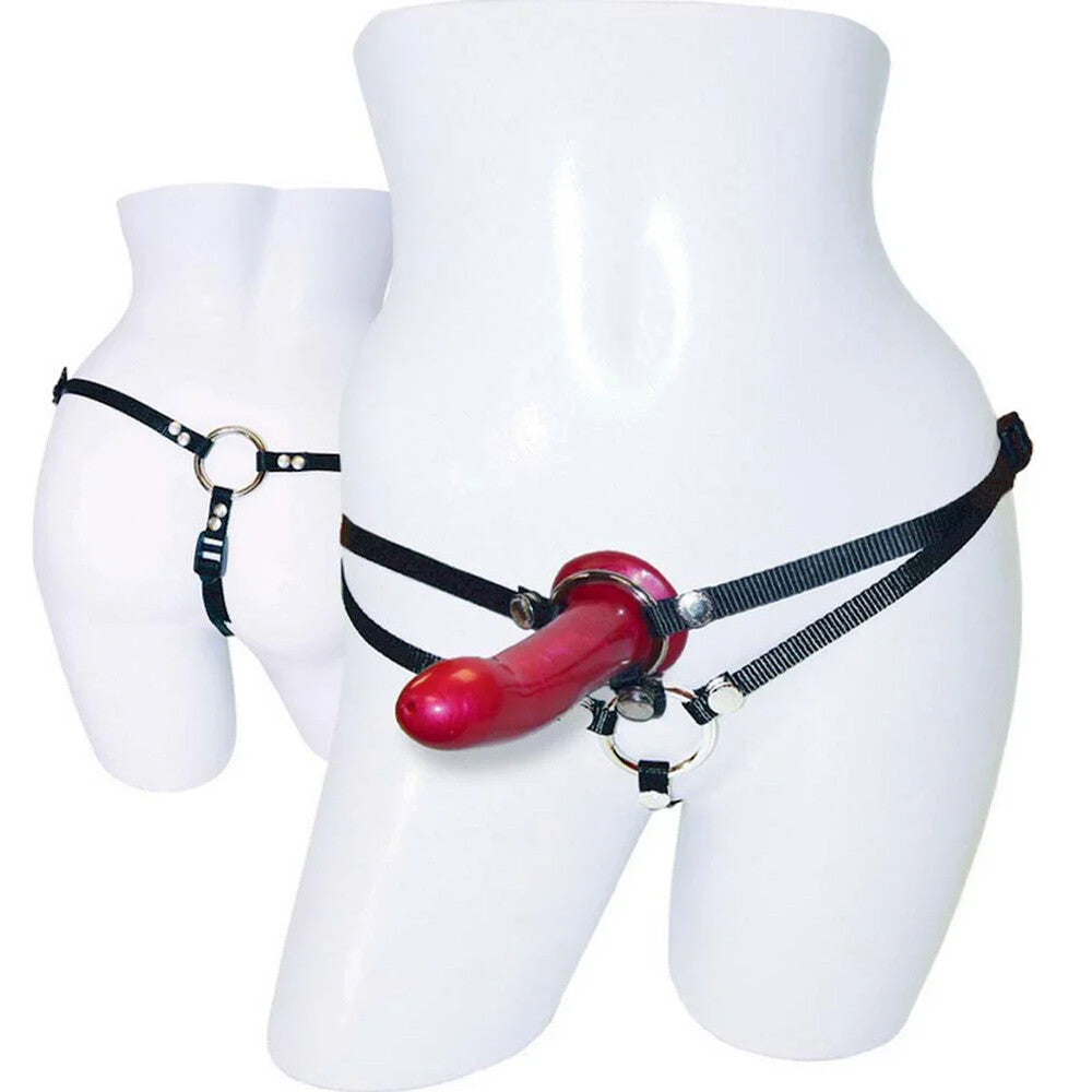 SportSheets Menage A Trois Double Presentation Harness With Dild - Peaches & Cream