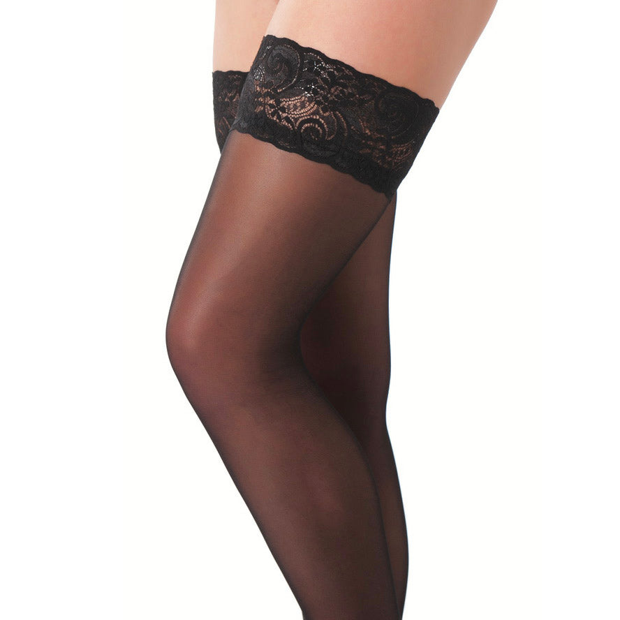 Black HoldUp Stockings With Floral Lace Top - Peaches & Cream