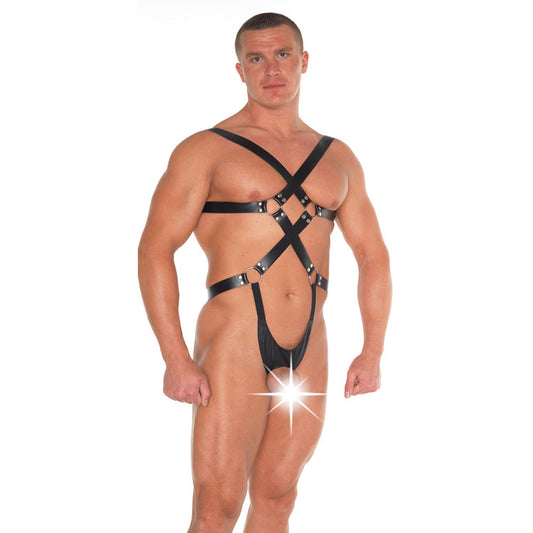 Leather Strappy Bondage Teddy - Peaches & Cream