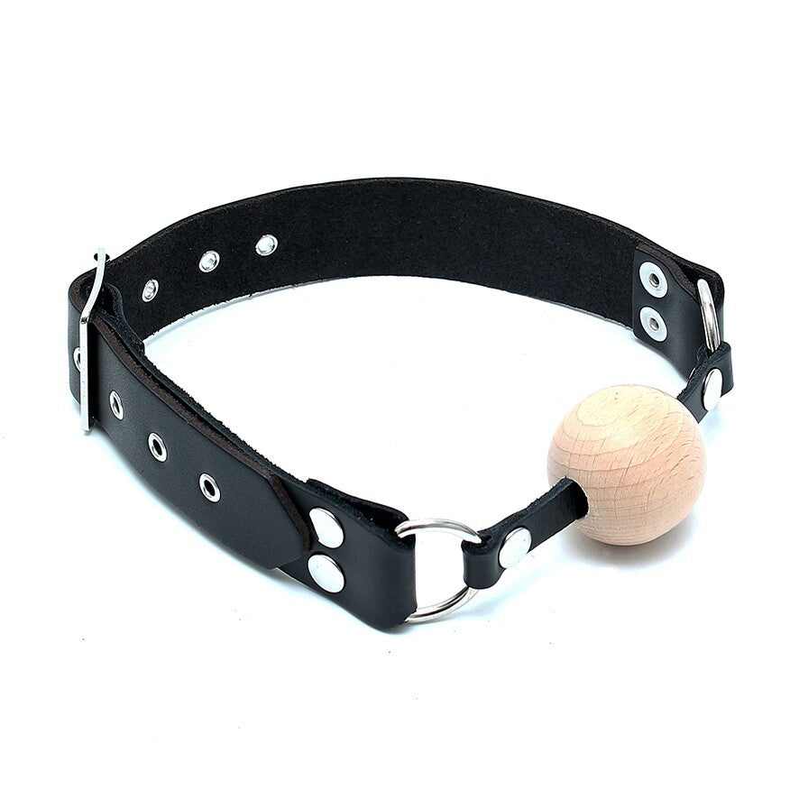 Leather Gag With Wooden Ball - Peaches & Cream