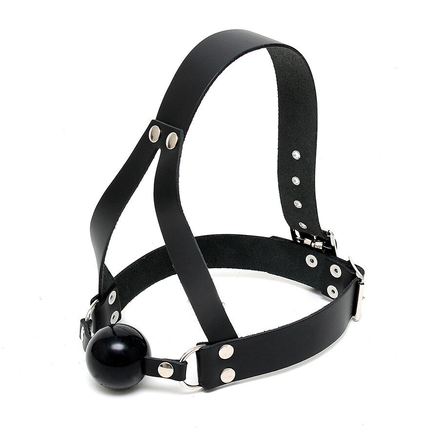 Leather Ball Gag And Head Harness - Peaches & Cream