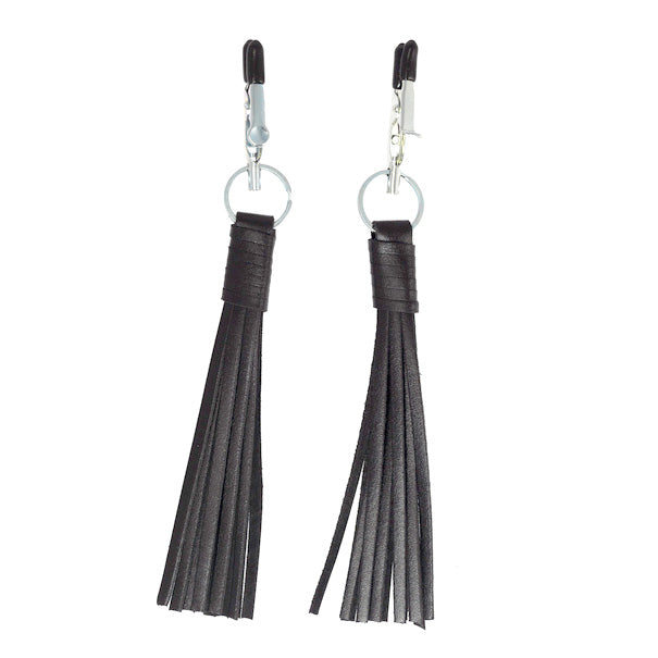 Nipple Clamps With Black Leather Tassels - Peaches & Cream